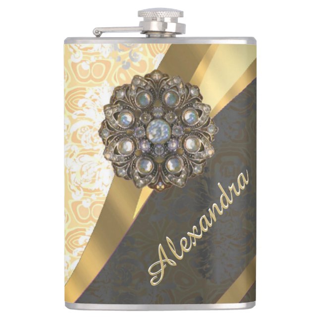 Personalised yellow pretty girly damask pattern hip flask (Front)