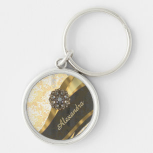 Personalised yellow pretty girly damask pattern key ring