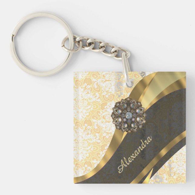 Personalised yellow pretty girly damask pattern key ring (Front)