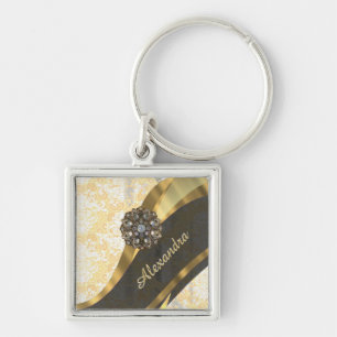 Personalised yellow pretty girly damask pattern key ring
