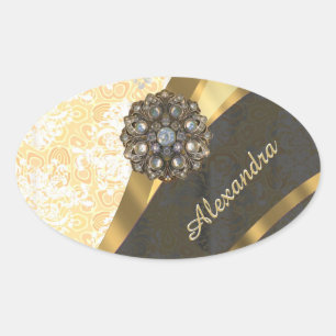 Personalised yellow pretty girly damask pattern oval sticker