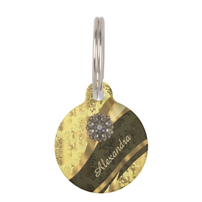 Personalised yellow pretty girly damask pattern pet tag (Front)
