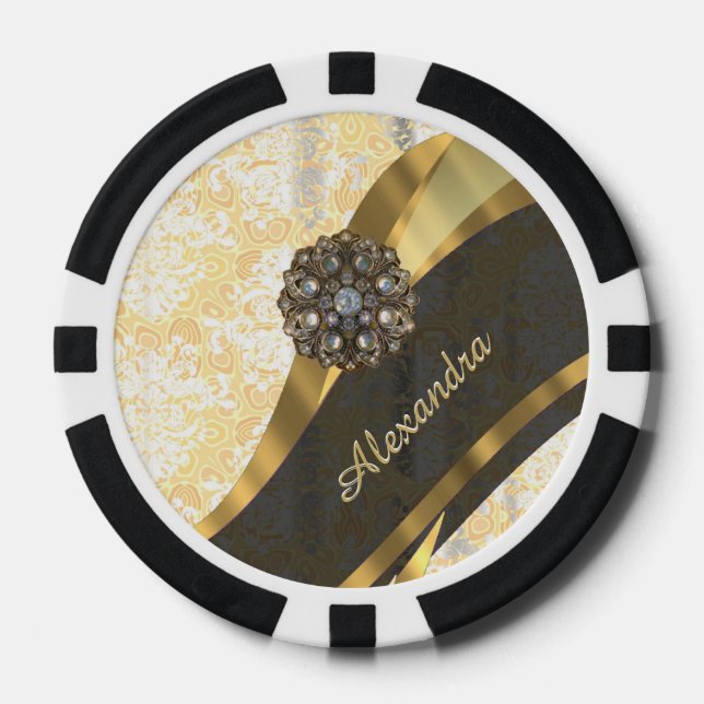 Personalised yellow pretty girly damask pattern poker chips (Front)