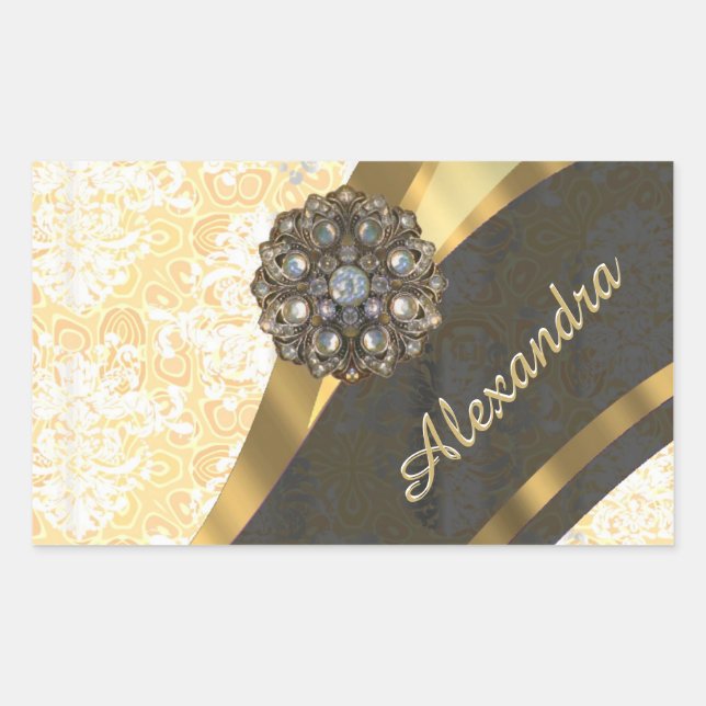 Personalised yellow pretty girly damask pattern rectangular sticker (Front)