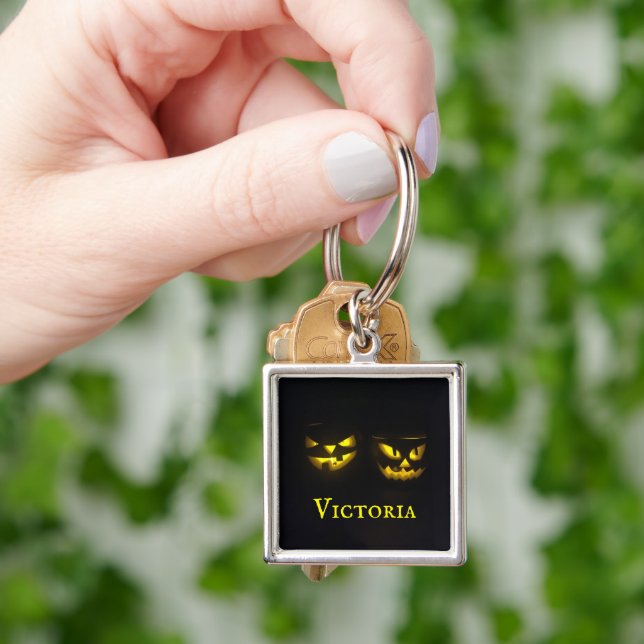 Personalised yellow print pumpkin face Halloween Key Ring (Hand)