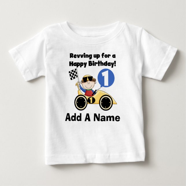 Personalised Yellow Race Car 1st Birthday Tshirt (Front)
