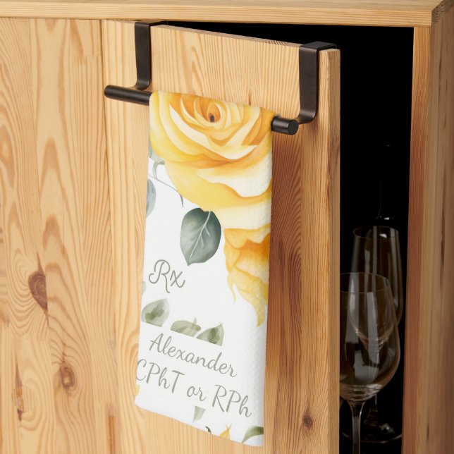 Personalised Yellow Rose & RX Pharmacy Tea Towel (Thirds Fold)