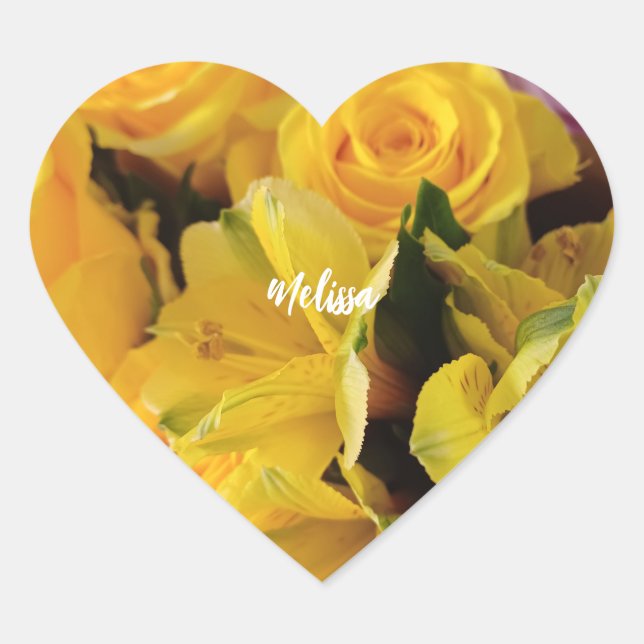 Personalised yellow roses romantic floral  heart sticker (Front)