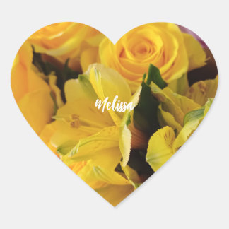 Personalised yellow roses romantic floral heart sticker