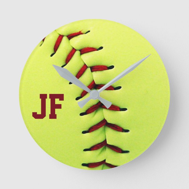 Personalised yellow softball ball round clock (Front)