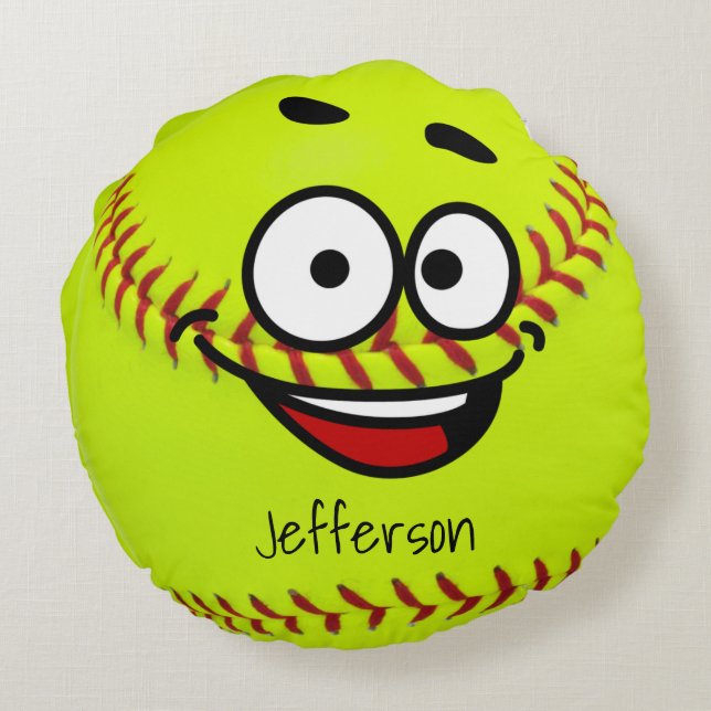 Personalised Yellow Softball funny face Round Cushion (Back)