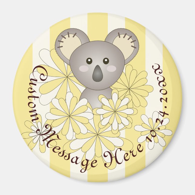 Personalised Yellow Stripe Baby Koala Party Favour Magnet (Front)