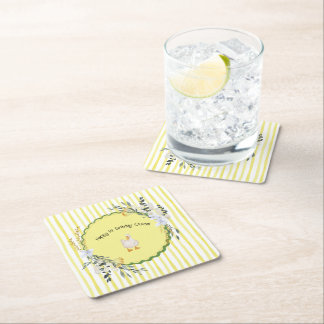 personalised yellow stripe duckling birthday plate square paper coaster