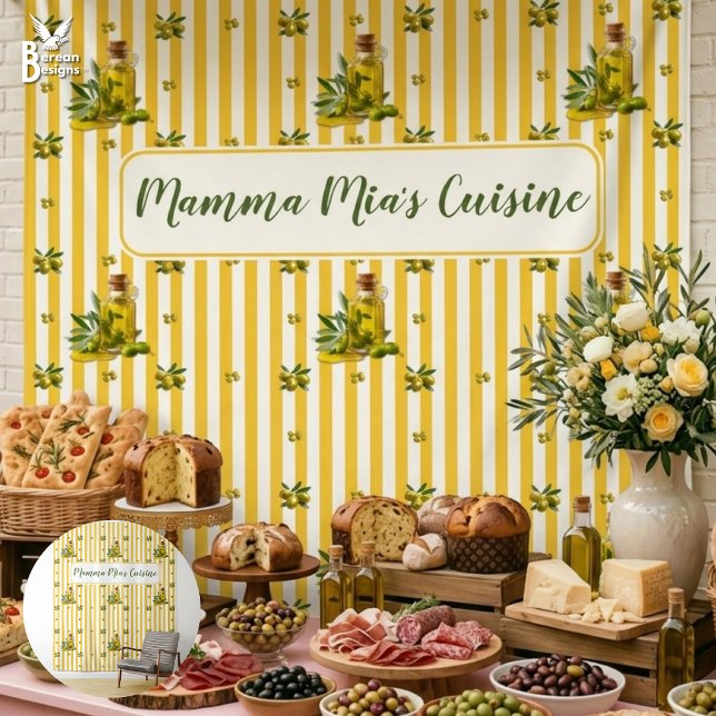 Personalised Yellow Stripe Seamless Olive Oil Tapestry (Personalized Italian yellow stripes olive oil backdrop. Ideal for market stalls, indoor exhibitions)