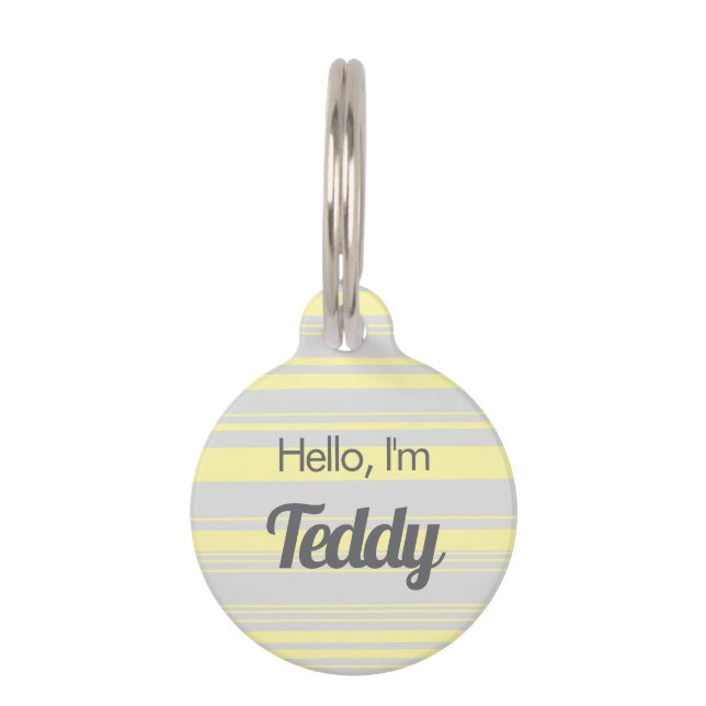 Personalised Yellow Striped Hello I'm Pet ID Tag (Front)