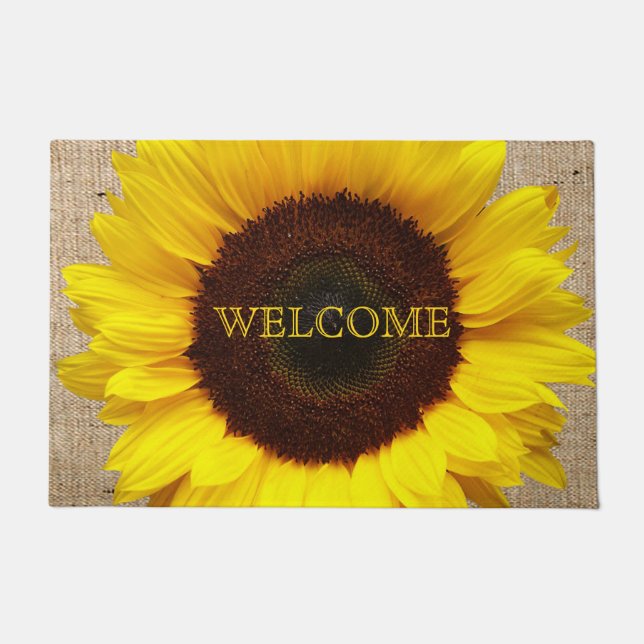 Personalised Yellow Sunflower Faux Burlap Doormat (Front)