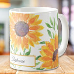 Personalised Yellow Sunflowers Watercolor Coffee Mug<br><div class="desc">This unique mug is decorated with yellow watercolor sunflowers and green leaves are on a white background. 
Easily customisable with your name.
Because we create our own artwork you won't find this exact image from other designers.
Original Watercolor © Michele Davies.</div>