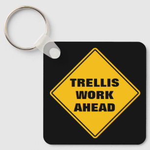 Personalised yellow trellis work ahead road sign key ring