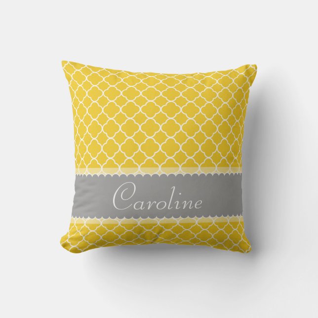 Personalised Yellow White Grey Quatrefoil  Pattern Cushion (Front)