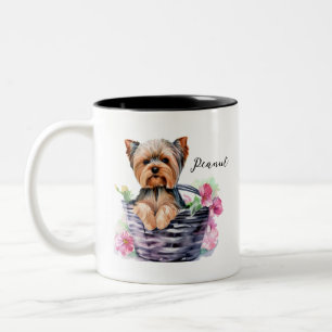 Personalised Yorkie in the Basket Watercolor Art Two-Tone Coffee Mug