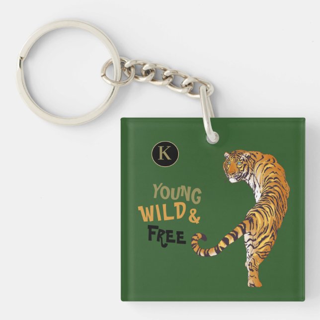 Personalised Young Wild Free Tiger Monogram Green  Key Ring (Front)
