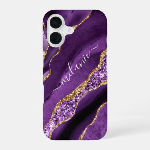 Personalised Your Name Purple Gold Glitter Marble iPhone 16 Case