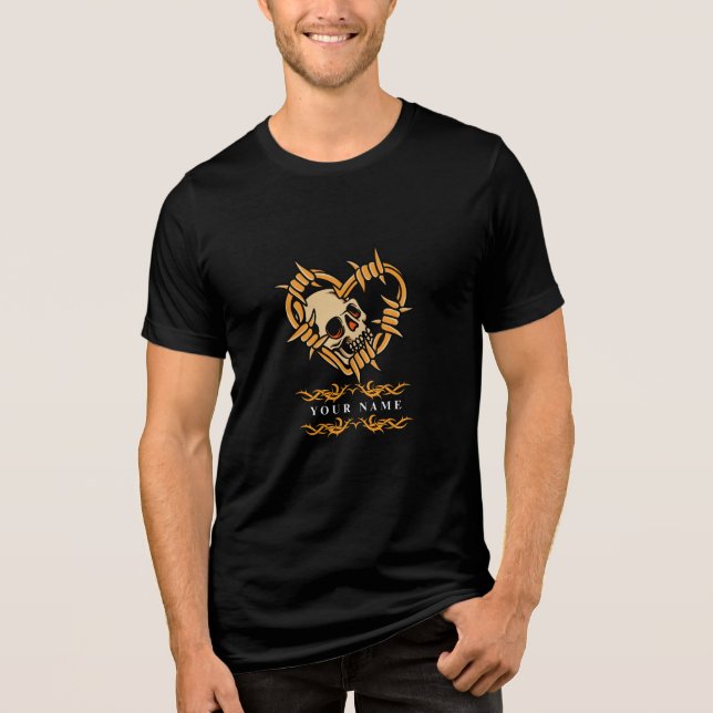 Personalised "Your Name" Skull in Barbed Wire Hear Tri-Blend Shirt (Front)