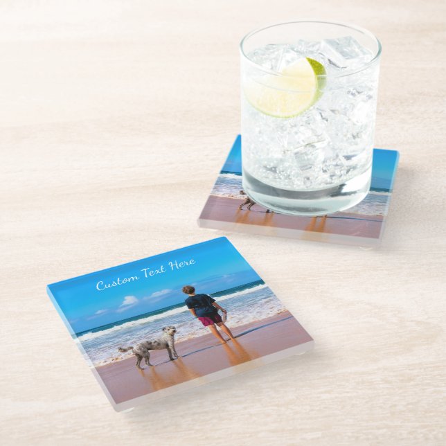Personalised Your Photo Glass Coaster Custom Text (Angled)