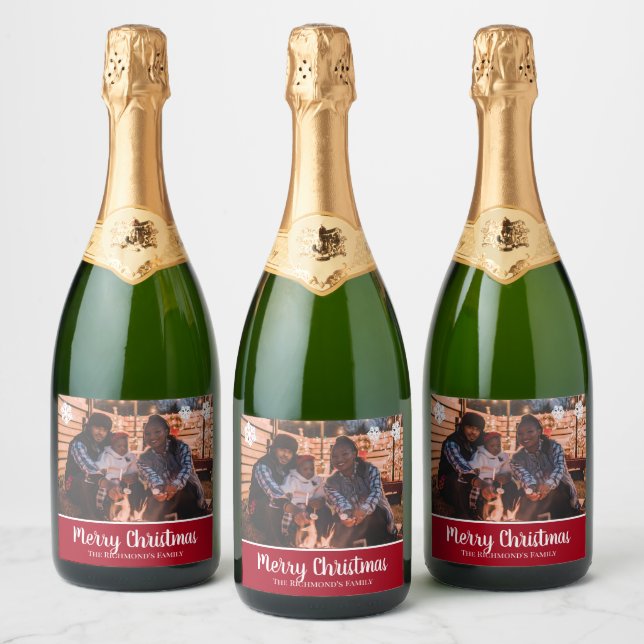 Personalised Your Photo in Red Frame Snowflakes Sparkling Wine Label (Bottles)