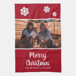 Personalised Your Photo in Red Frame Snowflakes Tea Towel