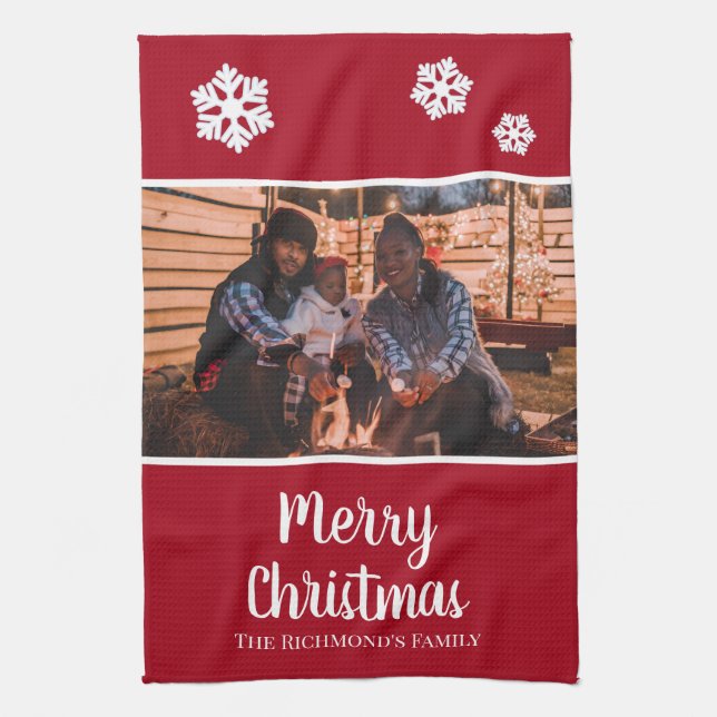 Personalised Your Photo in Red Frame Snowflakes Tea Towel (Vertical)