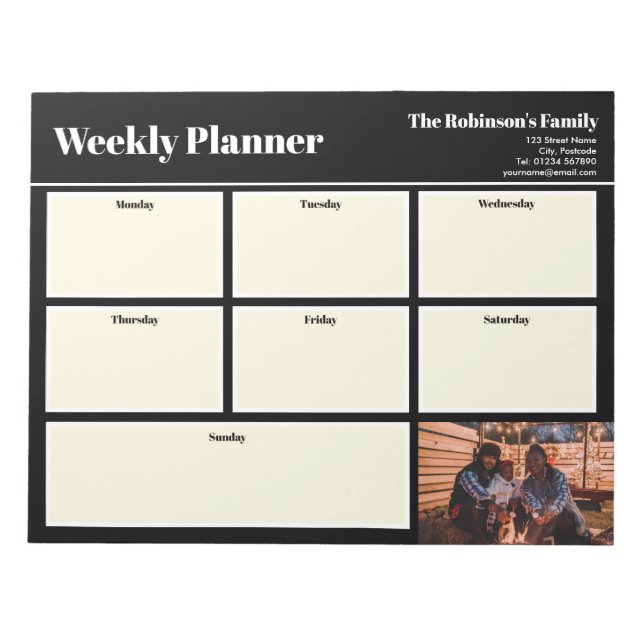 Personalised Your Photo Weekly Planner Plain Black Notepad (Front)