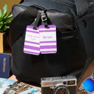 Personalised Youth Camp Purple Stripe Luggage Tag