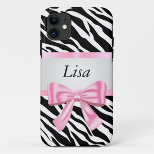 Personalised Zebra Pattern Pink Bow iPhone 11 Case