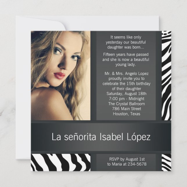 Personalised Zebra Photo Quinceanera Invitation (Front)