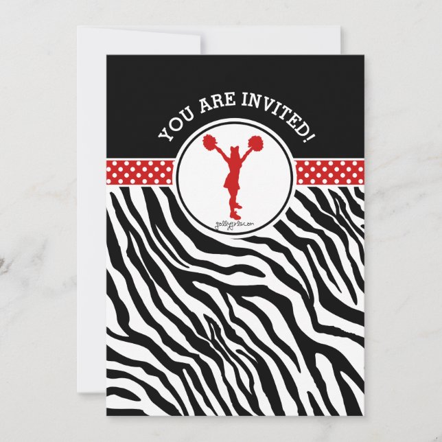 Personalised Zebra Print Cheer or Pom in Red Invitation (Front)