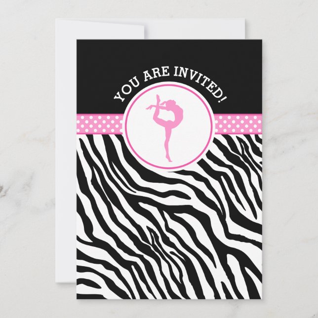 Personalised Zebra Print Gymnastics in Pink Invitation (Front)