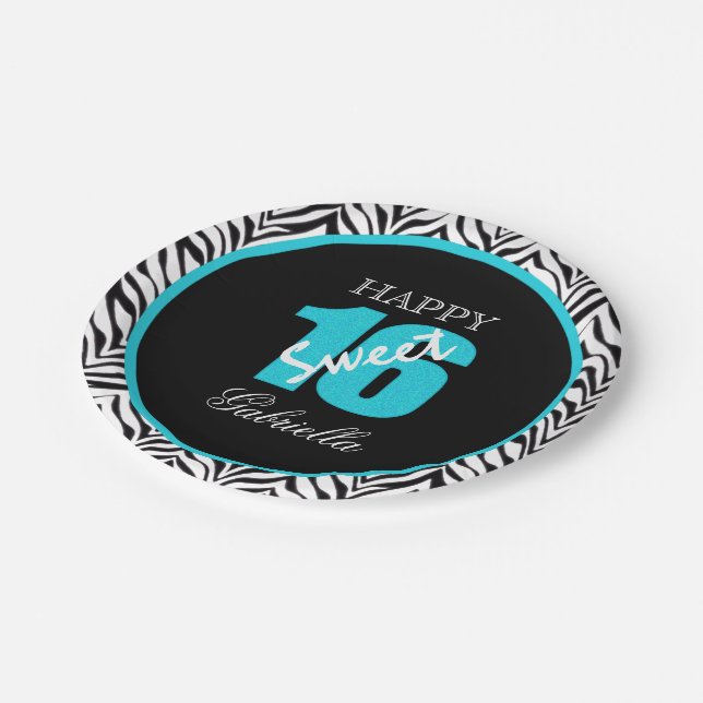 Personalised Zebra Sweet 16 Birthday Paper Plates (Angled)