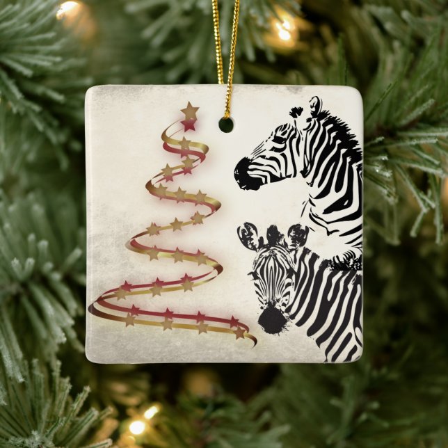 Personalised Zebras and Ribbon Christmas Trees Ceramic Ornament (Tree)