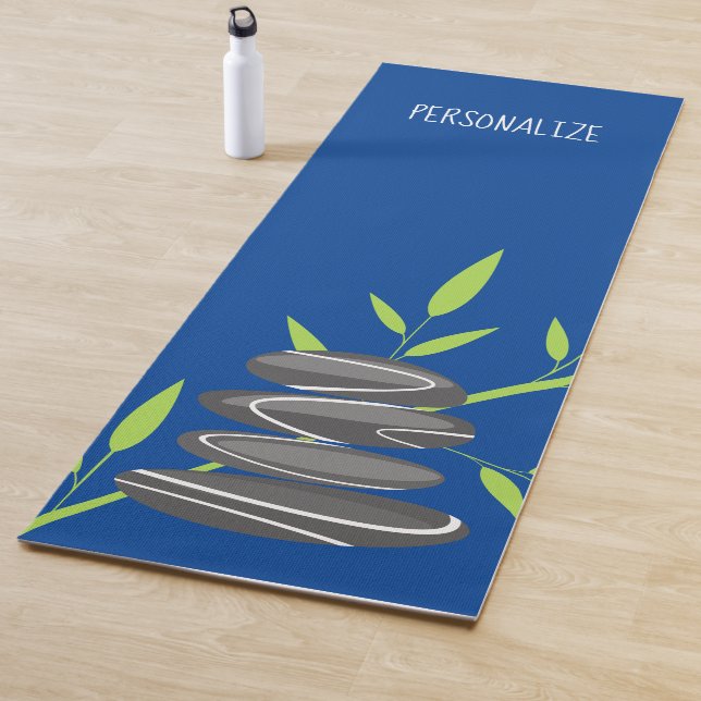 Personalised zen stones and bamboo plant blue yoga mat (In Situ)