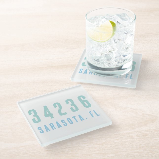 Personalised Zip Code,City,State Coastal Blues Glass Coaster (Angled)