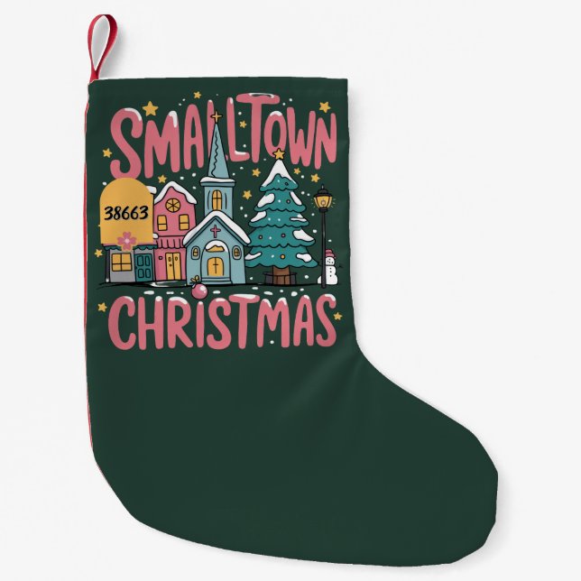 Personalised Zipcode Small Town Christmas Pink  Stocking (Front)
