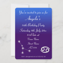 Personalised Zodiac Cancer Galaxy Party Invitation
