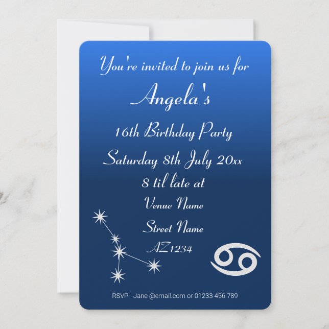 Personalised Zodiac Cancer Galaxy Party Invitation (Front)