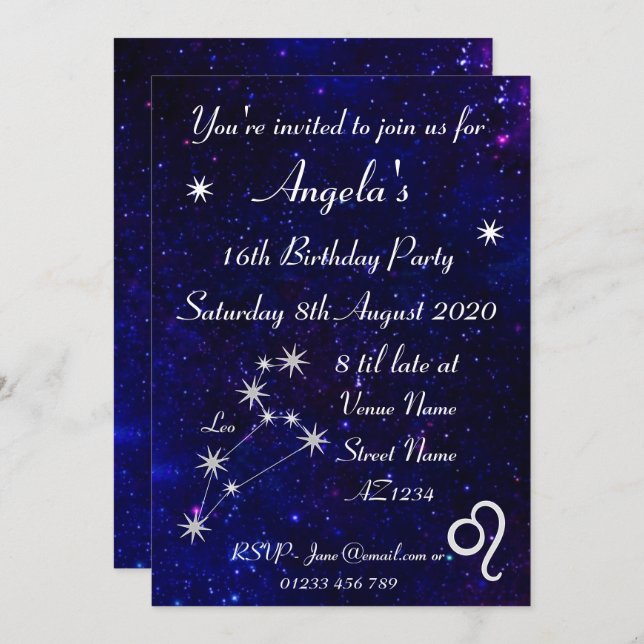 Personalised Zodiac Leo Galaxy Party Invitation (Front/Back)