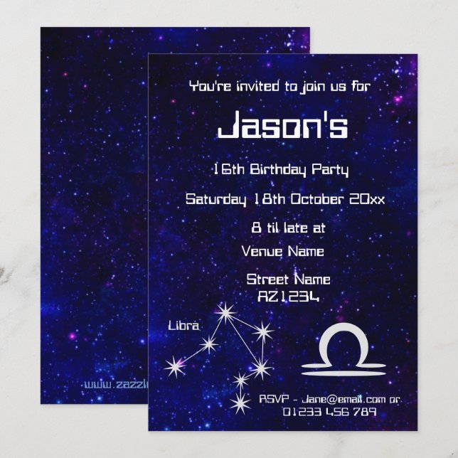 Personalised Zodiac Libra Galaxy Party Invitation (Front/Back)