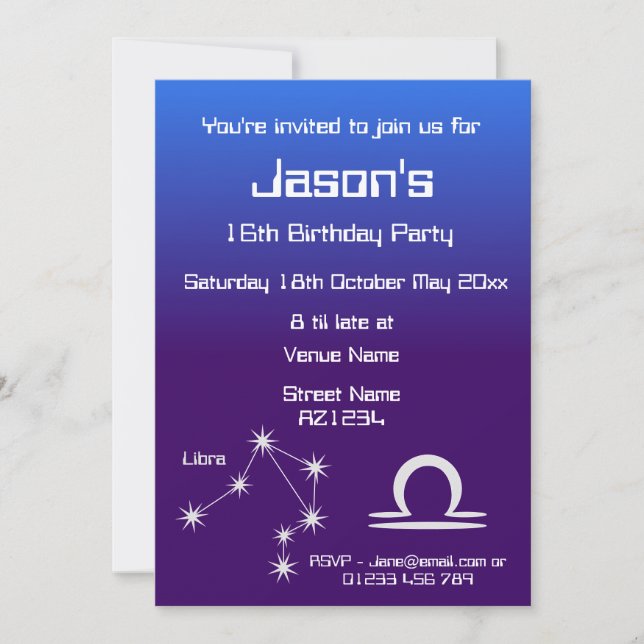 Personalised Zodiac Libra Galaxy Party Invitation (Front)