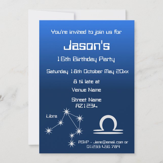 Personalised Zodiac Libra Galaxy Party Invitation (Front)