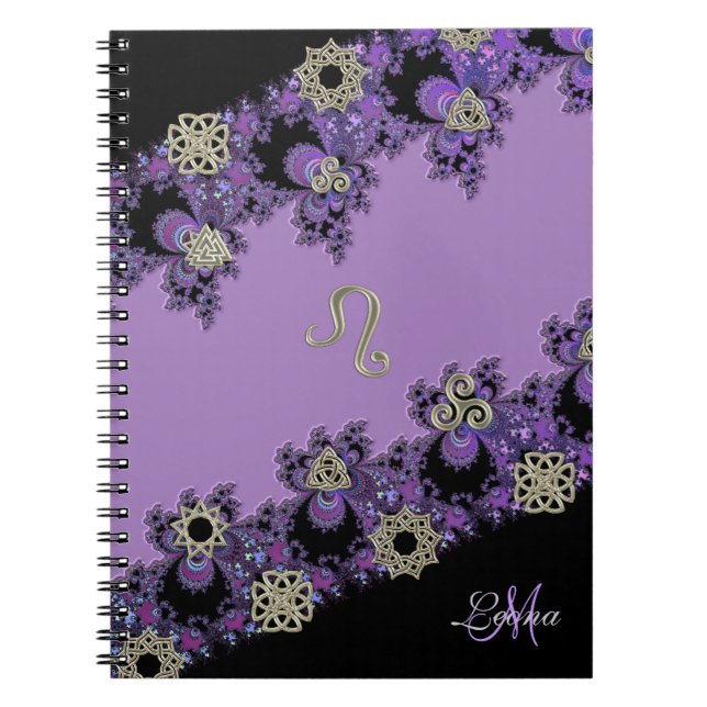 Personalised Zodiac Sign Leo Purple Celtic Fractal Notebook (Front)