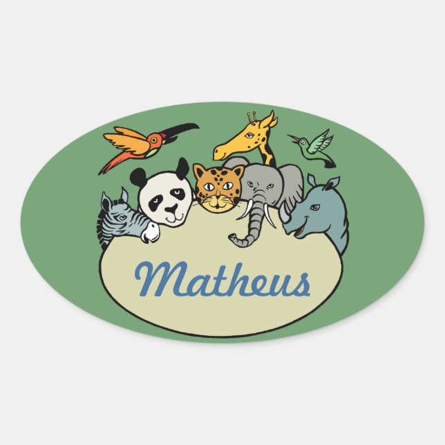 personalised zoo family animals oval sticker (Front)